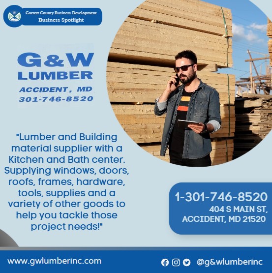 Todays Business Spotlight🚪is on G&W Lumber!
Visit them at www.gwlumberinc.com or G&W Lumber INC. 
Follow us to see more daily Garrett County Business Spotlights!
If you are interested in having your business featured contact Connor Norman at cnorman@garrettcountymd.gov. #businessdevelopment #garrettcountymd 